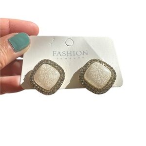 Vintage Crackled White Square Earrings with Rhinestone Accents